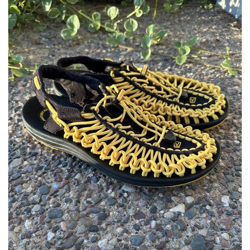 KEEN UNEEK Black Yellow Woven 2 Cord Hiking Water Sandal Huarache Men 9 / W 10.5